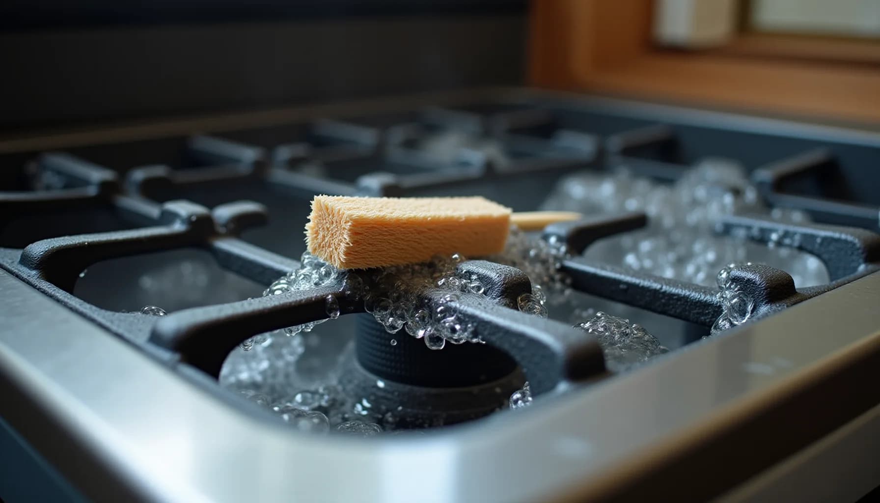 Natural bristle brush on a wet black stovetop grate with water droplets and soapy bubbles, wooden kitchen cabinets in