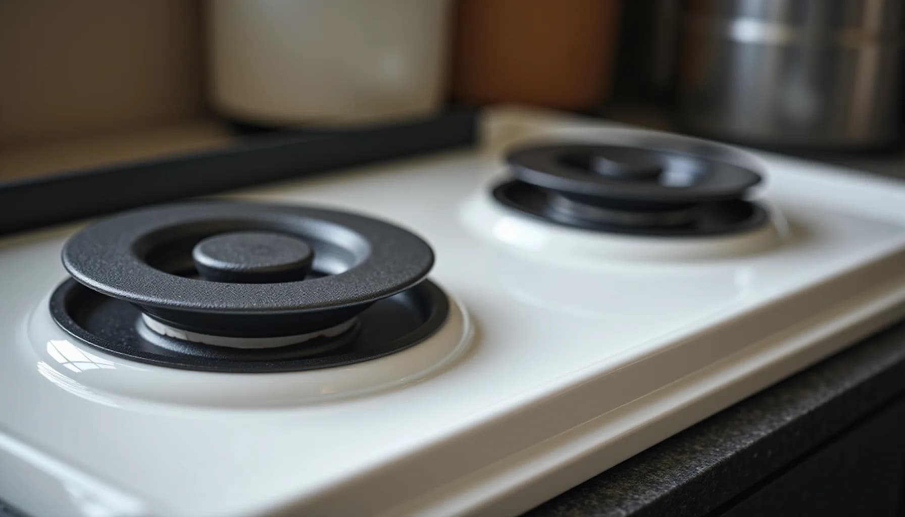 a white stovetop with two black electric heating coils and burner rings in focus, with blurred kitchen items in the