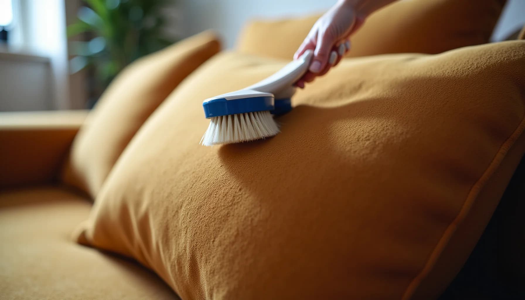 Hand holding a blue-handled brush with white bristles, cleaning the surface of a tan suede couch cushion