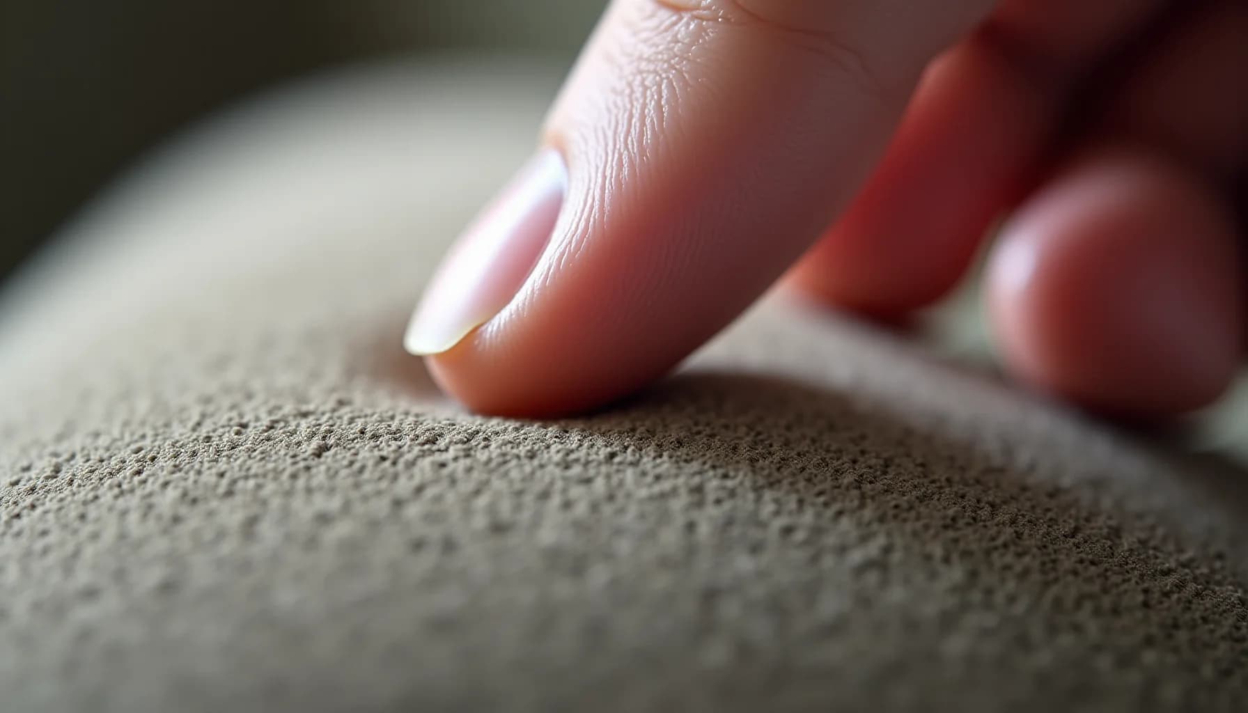 fingers holding a soft brush cleaning a textured beige suede surface