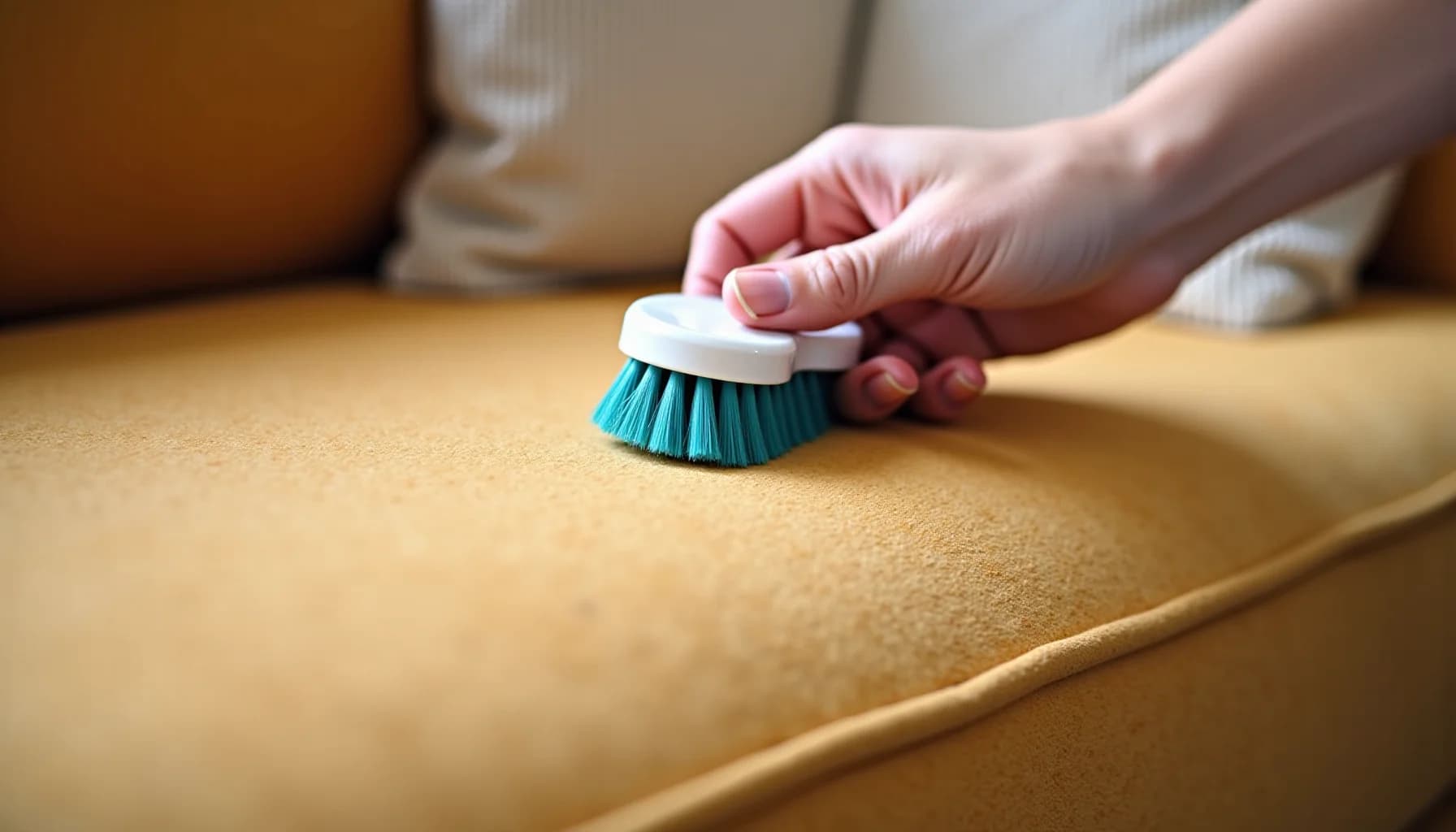 Hand holding a white and turquoise soft-bristled brush, cleaning a tan suede couch surface