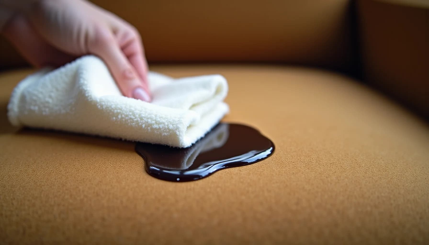 Person's hand holding white cloth wiping dark liquid spill on tan suede surface