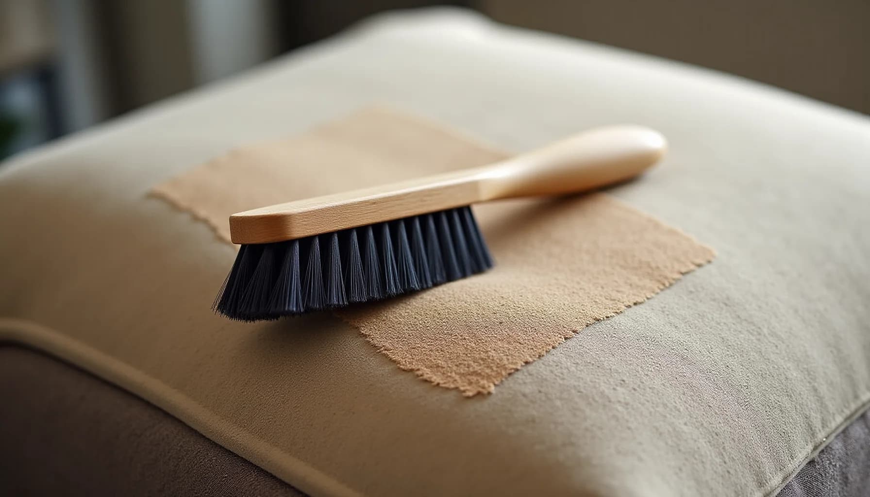 Wooden-handled brush with black bristles resting on a beige suede fabric sample showing a cleaned area