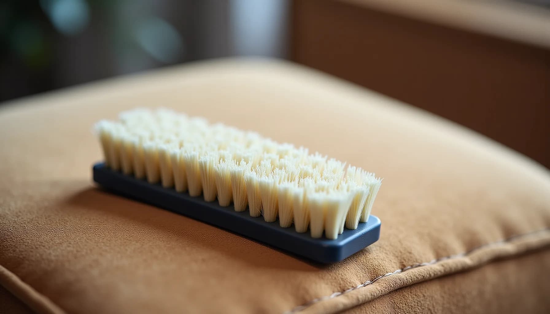 A soft-bristled cleaning brush with cream-colored bristles and dark plastic base resting on tan suede fabric