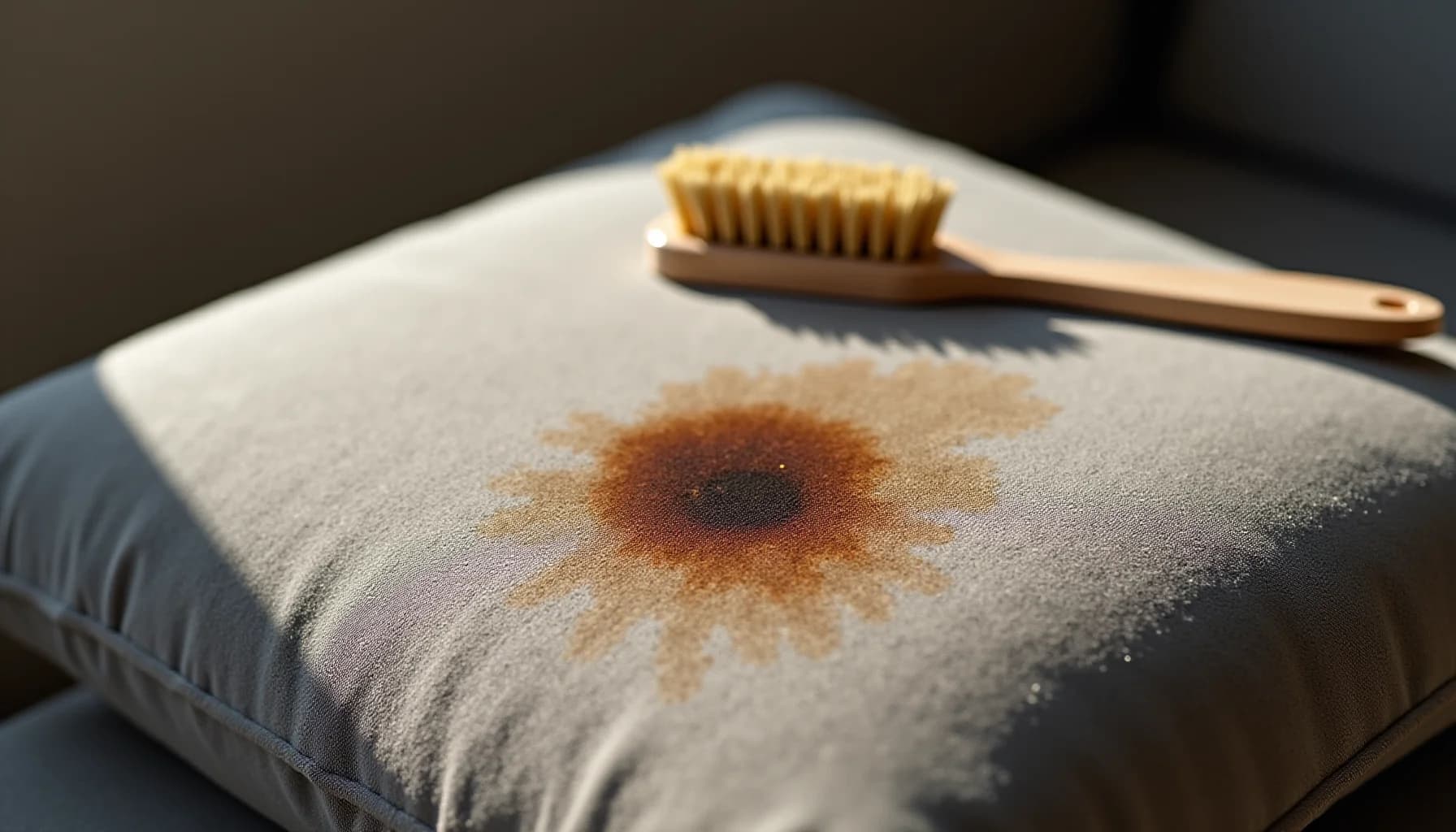Wooden-handled brush with natural bristles resting on a light gray fabric pillow with a brown stain, demonstrating