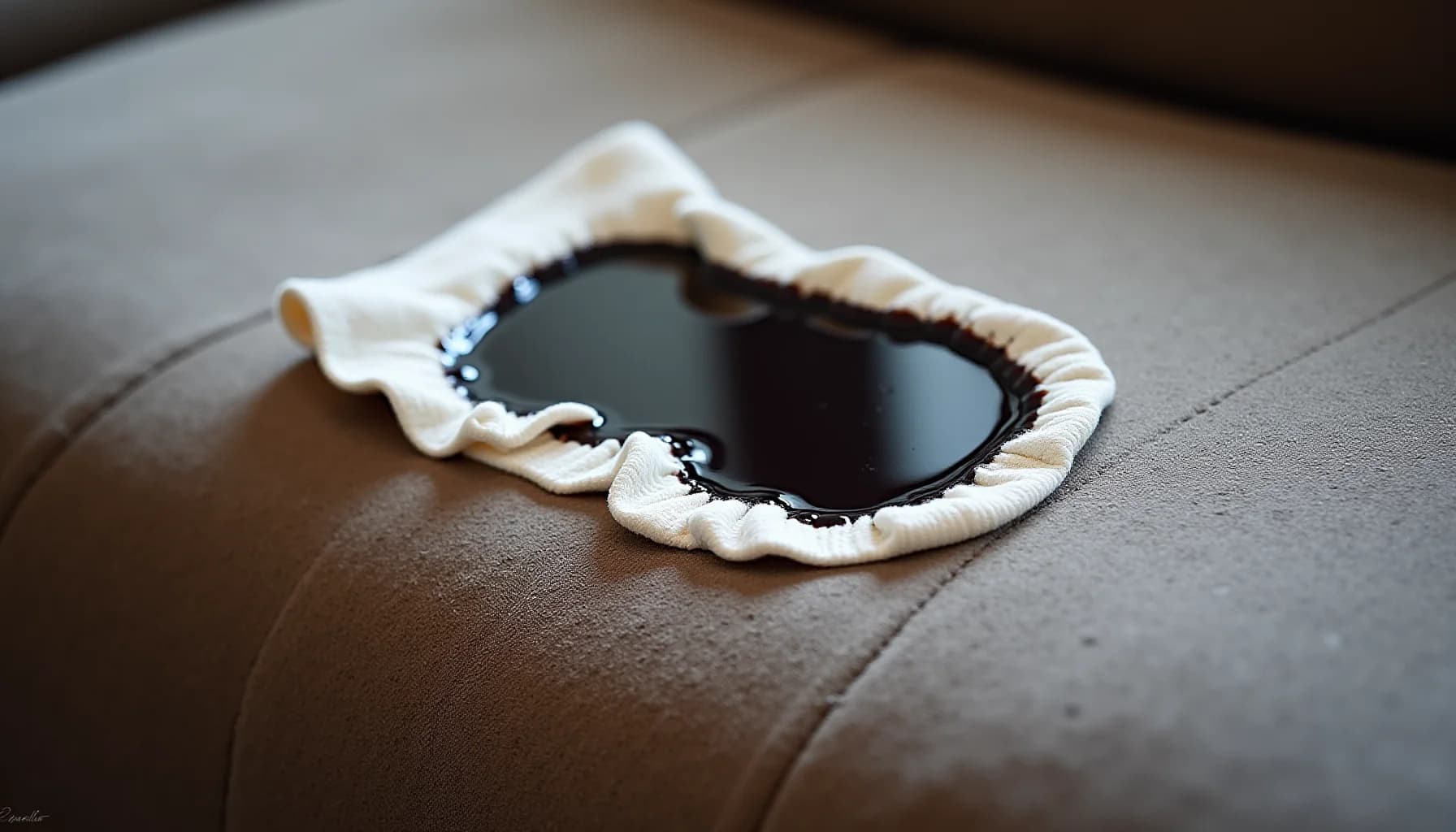 A white shell-shaped decorative object with dark accents resting on a tan suede fabric surface