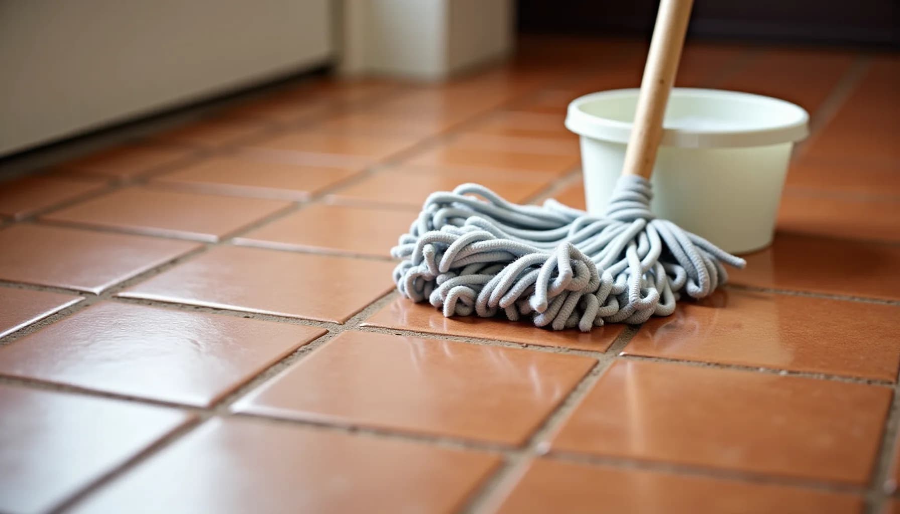 A gray mop with wooden handle rests on terracotta tiles next to a white bucket of cleaning solution indoors