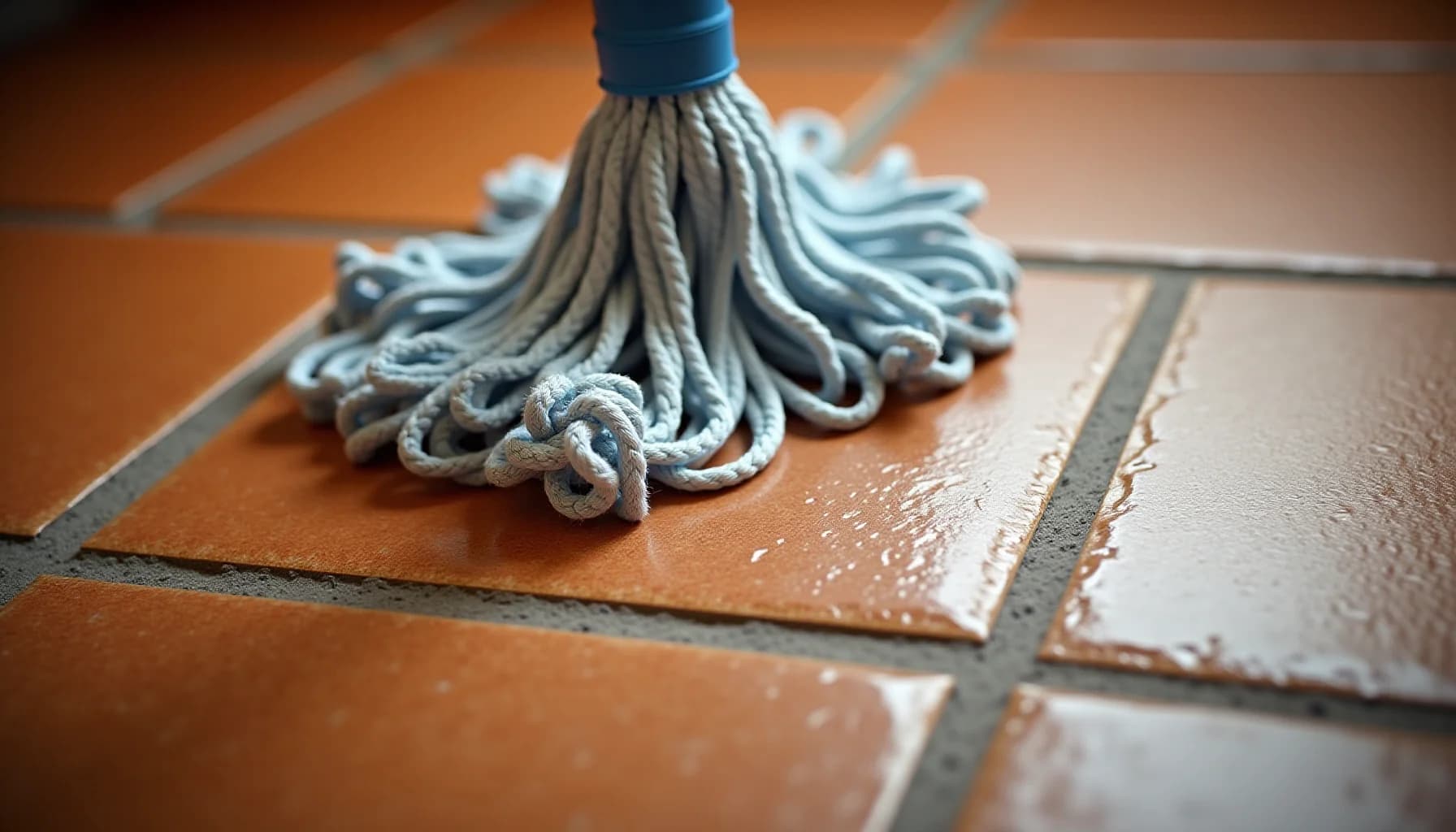 Mop with blue handle and knotted grey-white strands resting on terracotta and beige floor tiles with grey grout lines