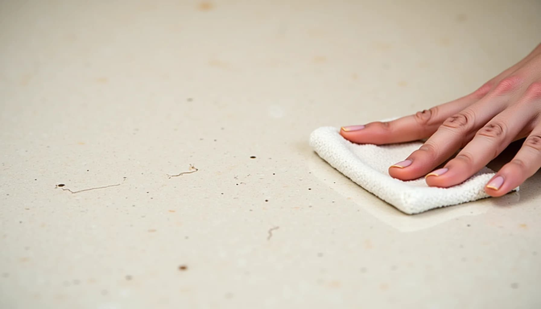 Hand with manicured nails wiping a light-colored speckled surface with a white cloth