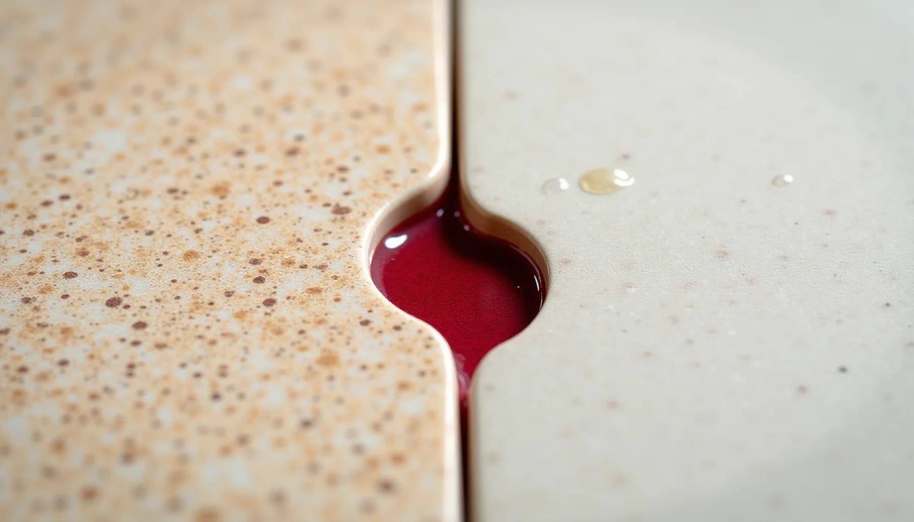 Dark red liquid droplet on the edge between a speckled beige tile and a light gray tile, demonstrating staining on