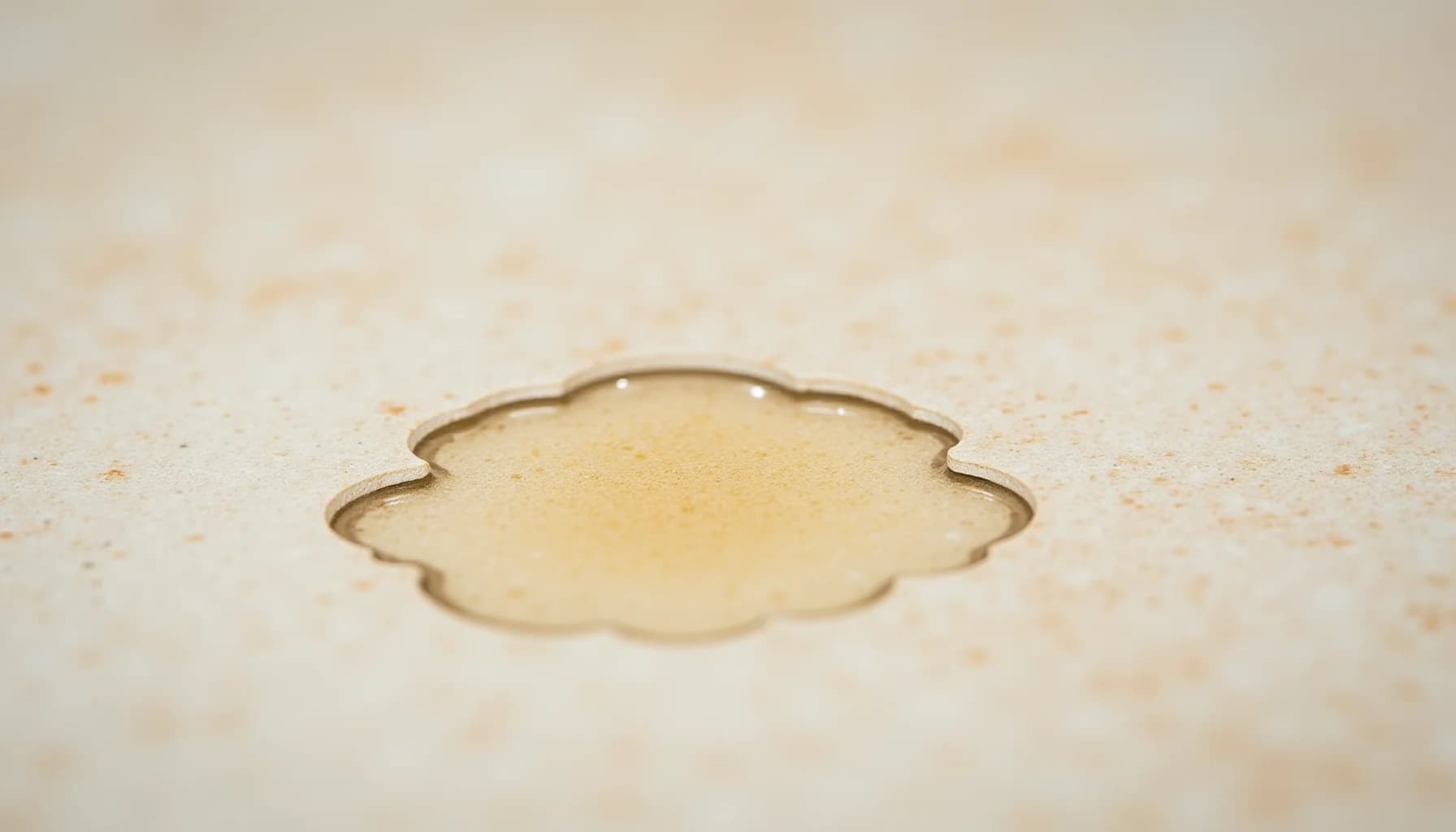 A cloud-shaped water stain or liquid puddle on a beige travertine tile surface with visible texture and speckles