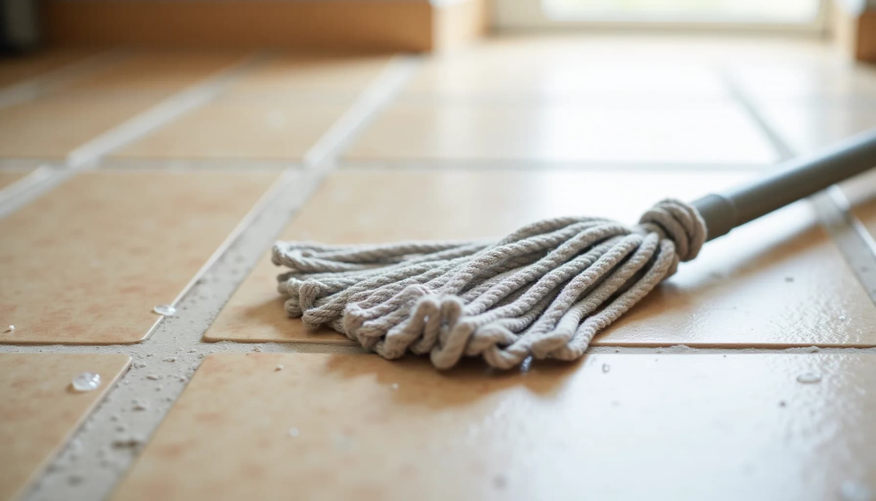 Wet rope mop head resting on beige travertine tiles with grout lines and water droplets visible on the floor surface