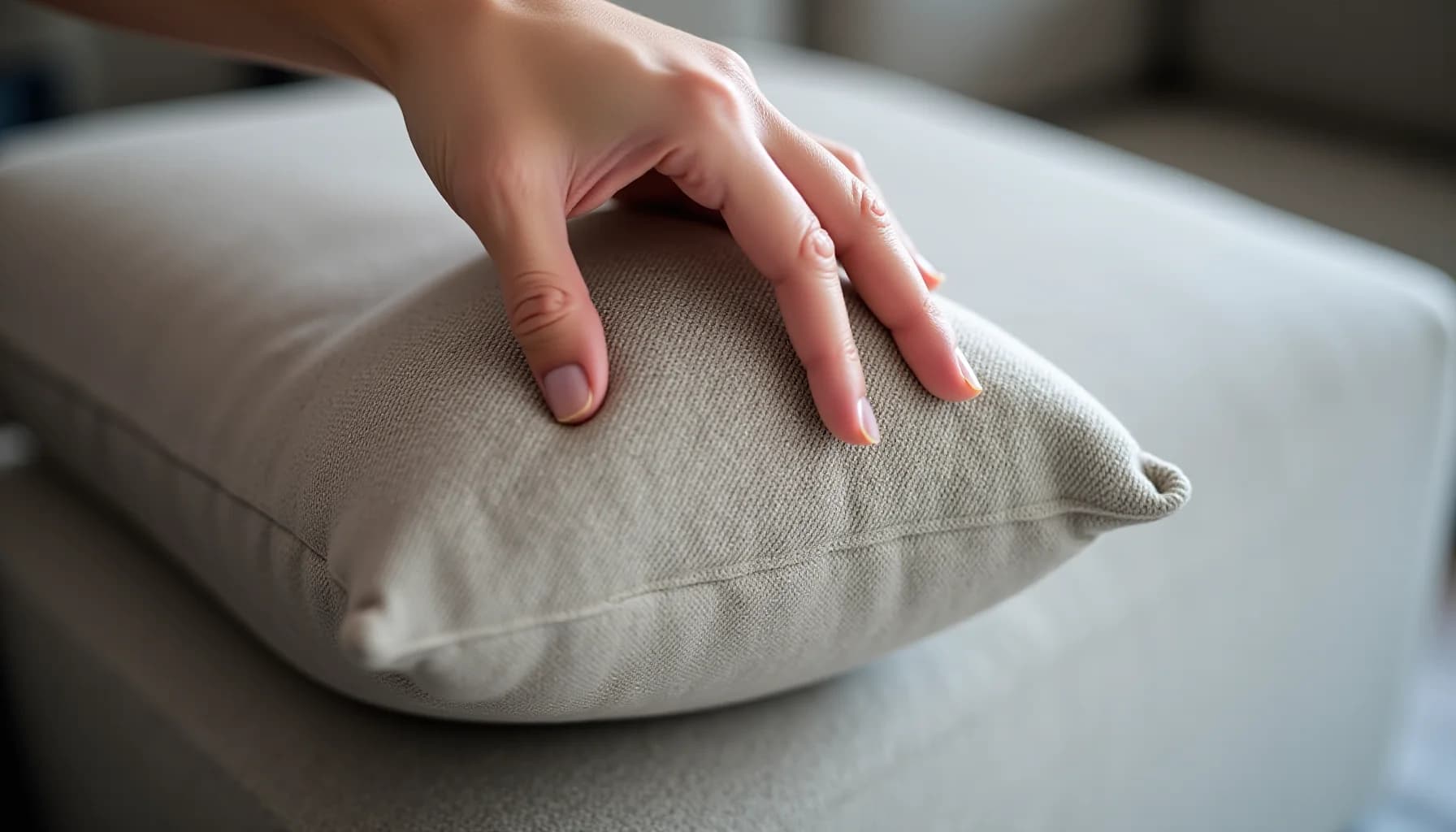 Hand with manicured nails touching a light beige upholstered cushion or pillow on a gray surface