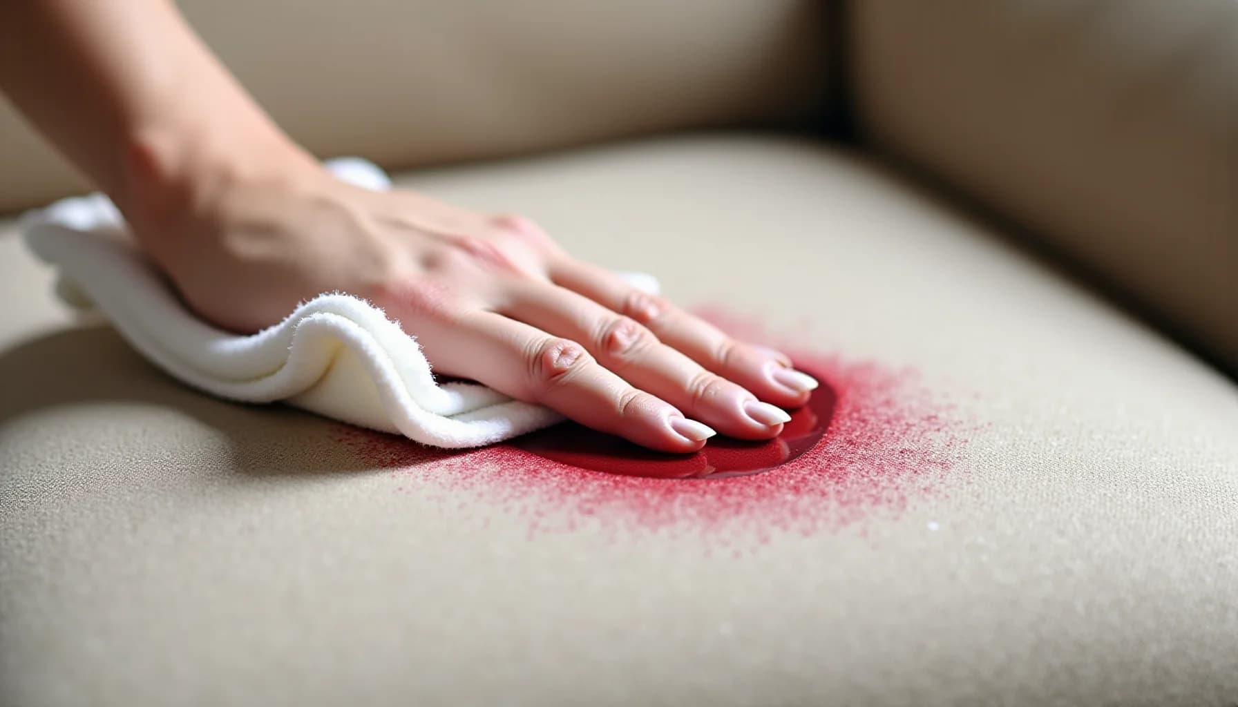 Hand with manicured nails wiping a beige upholstered surface with a white cloth, removing pink residue or stain