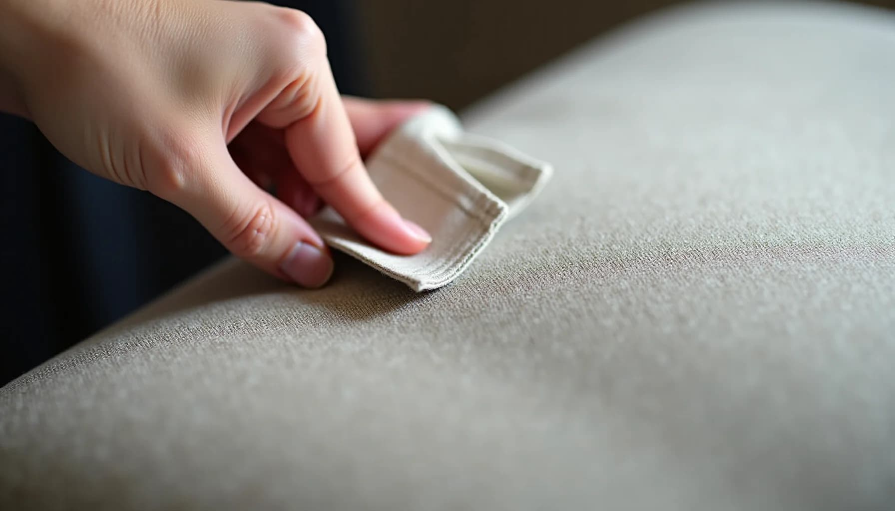 Child's hand holding a white cloth, wiping beige upholstered fabric surface