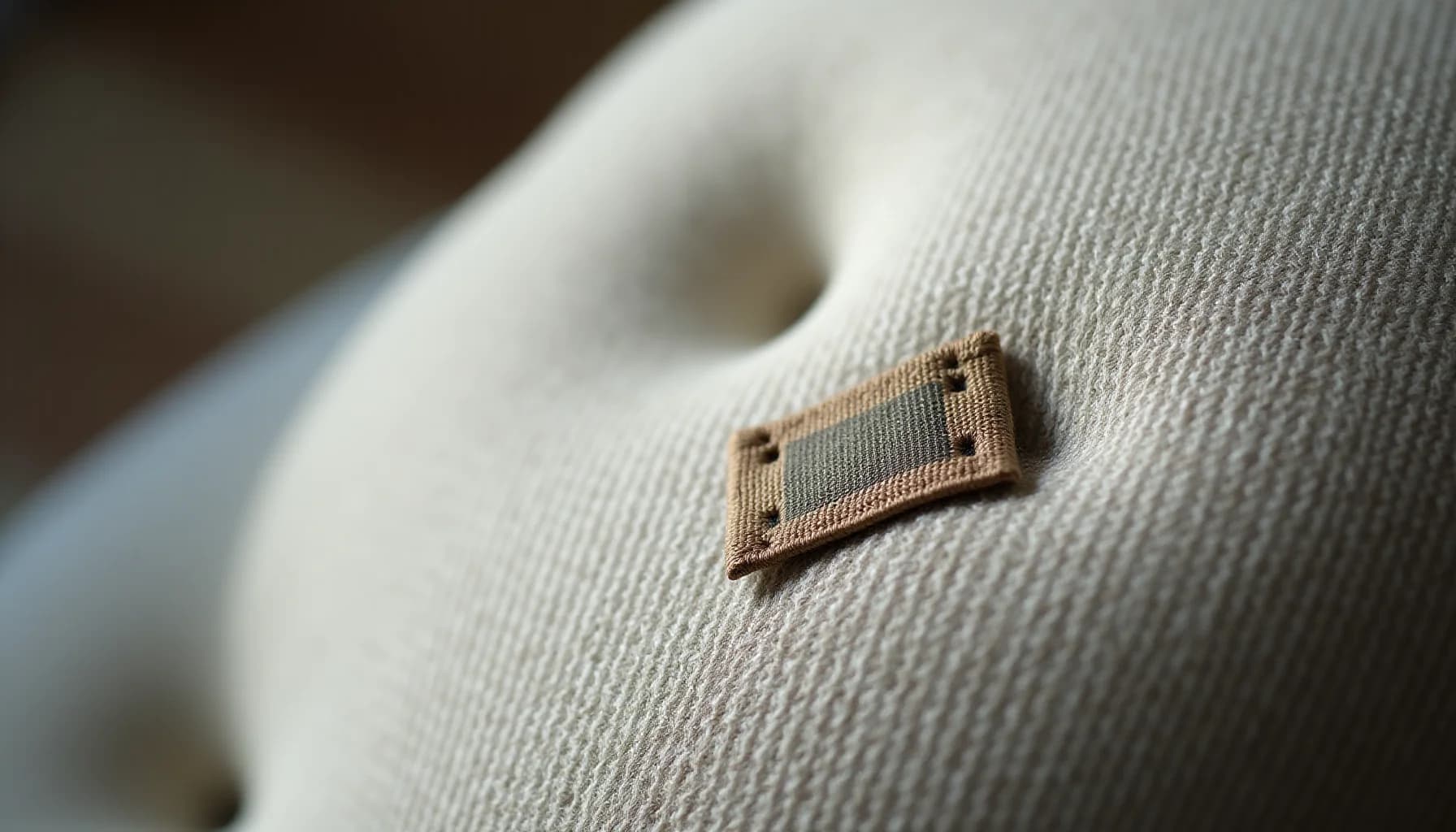 Brown fabric care label sewn onto white textured upholstery material