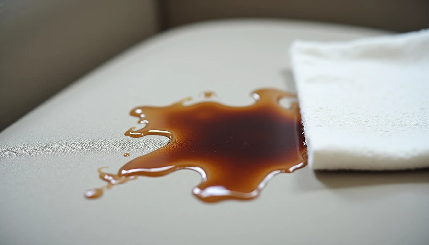 Brown liquid spill on white fabric surface with white cloth nearby