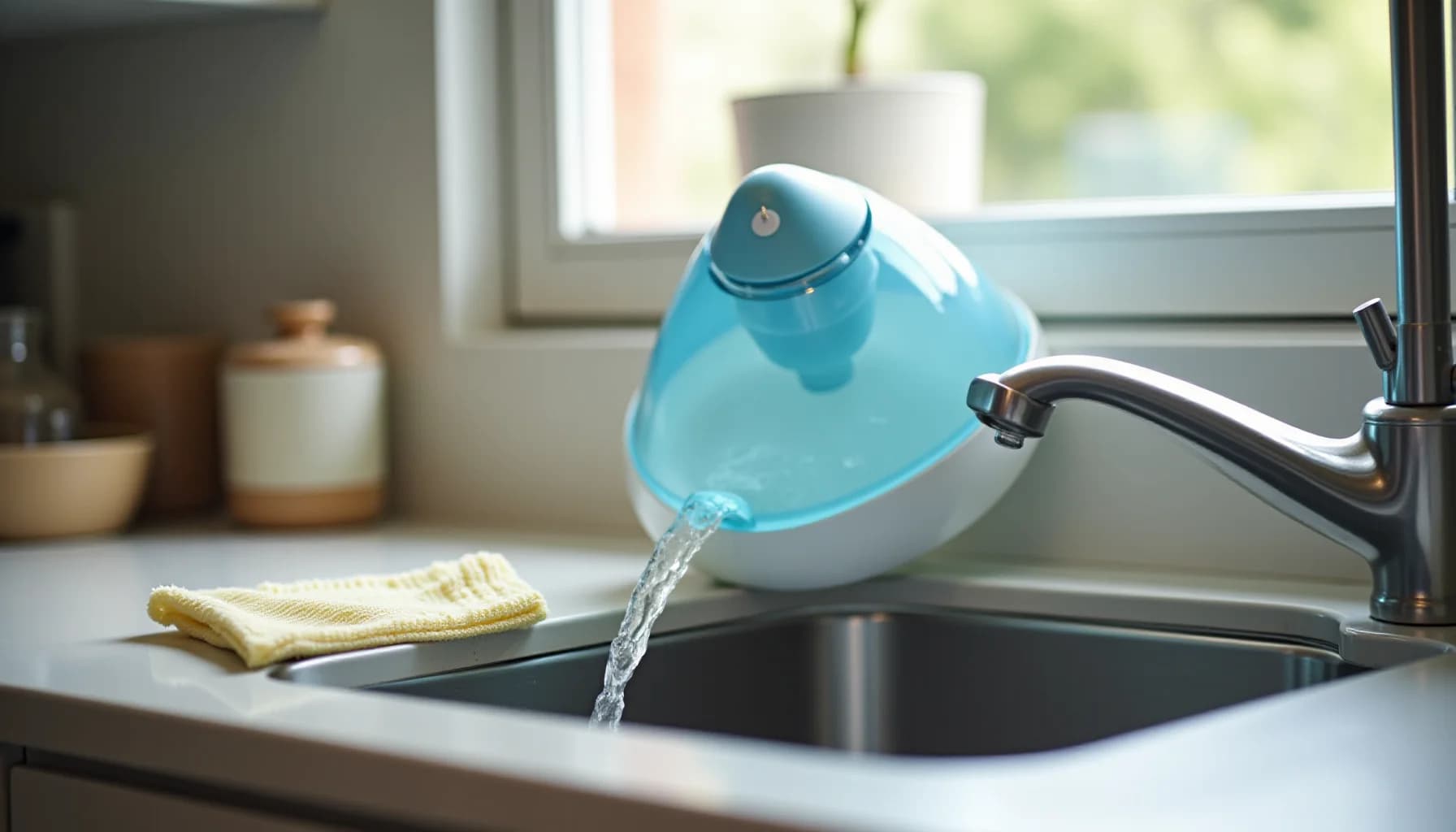 Blue water pitcher pouring water into a stainless steel kitchen sink, yellow cloth beside it, black faucet, window and