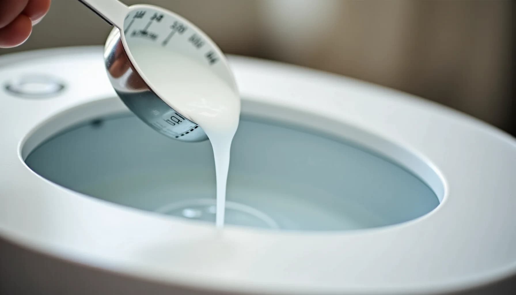 Hand holding a measuring cup pouring white liquid into a humidifier water tank filled with blue-tinted water