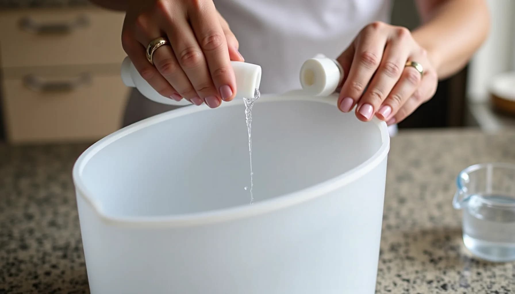 Two hands wearing rings pour water from a bottle into a white plastic humidifier basin on a granite countertop