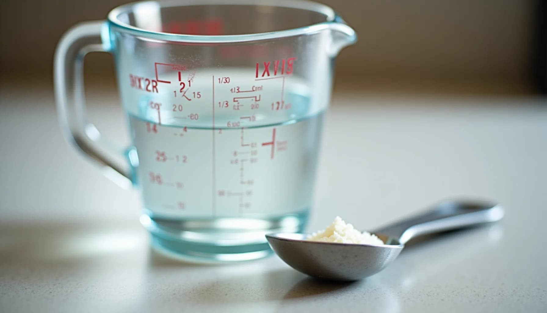 A glass measuring cup filled with water and measurement markings, beside a metal measuring spoon containing white
