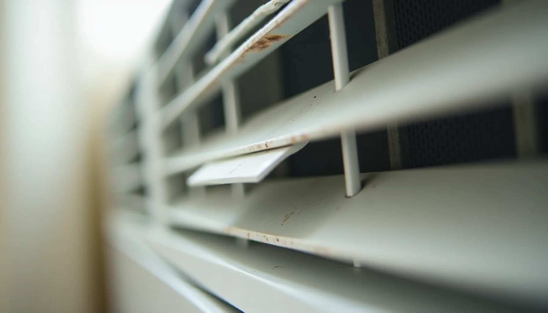 a white window air conditioner unit showing horizontal vents and shelving with visible dust accumulation