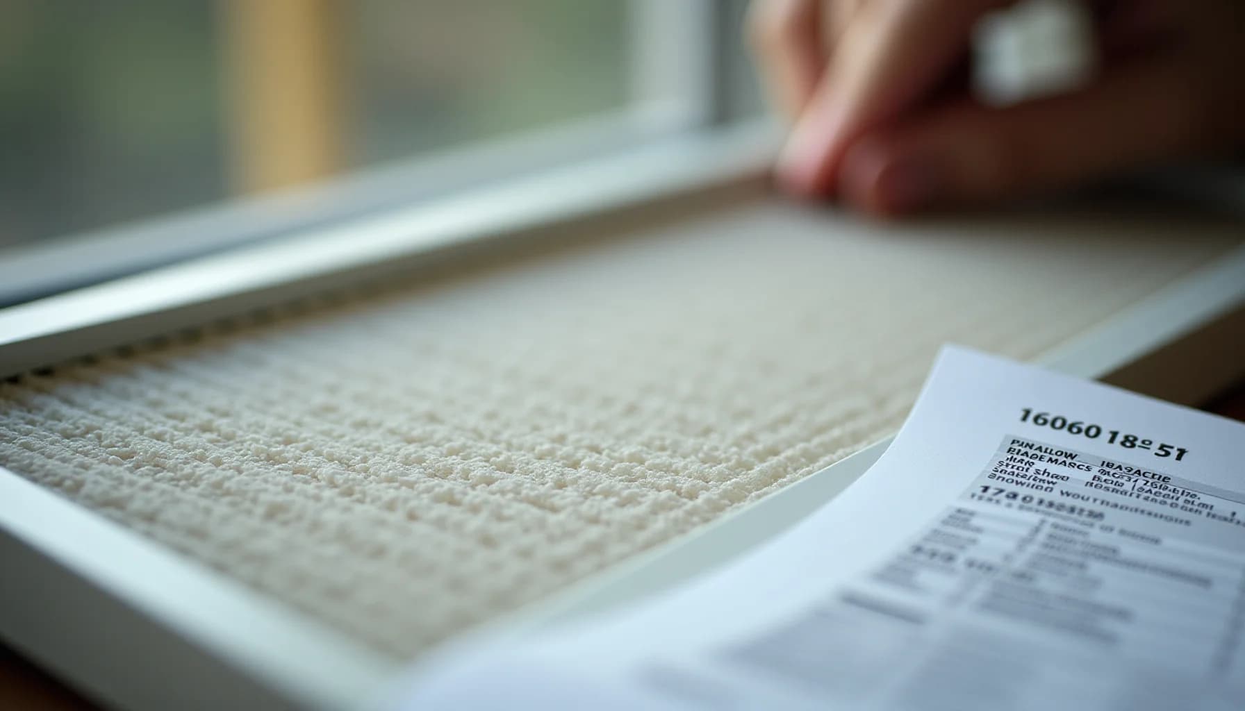 a cream-colored textured fabric swatch with a white label bearing product information, hand visible pointing to the