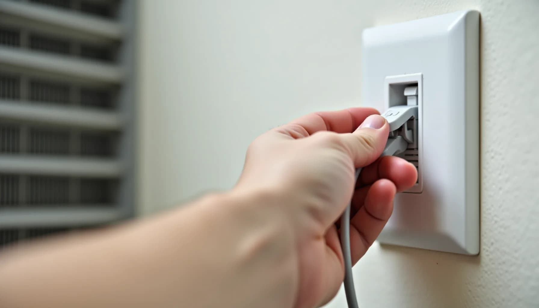 A hand inserting a white electrical plug into a wall outlet; an air conditioning unit visible blurred in the background