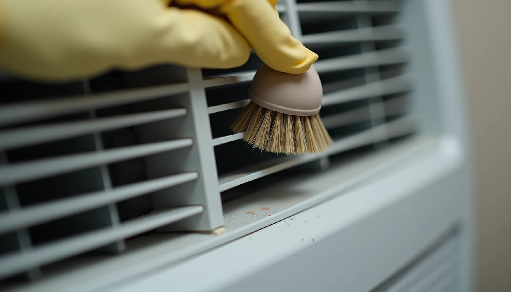 Hand in yellow glove holding brush with gray handle cleaning between metal slats of an air conditioning unit