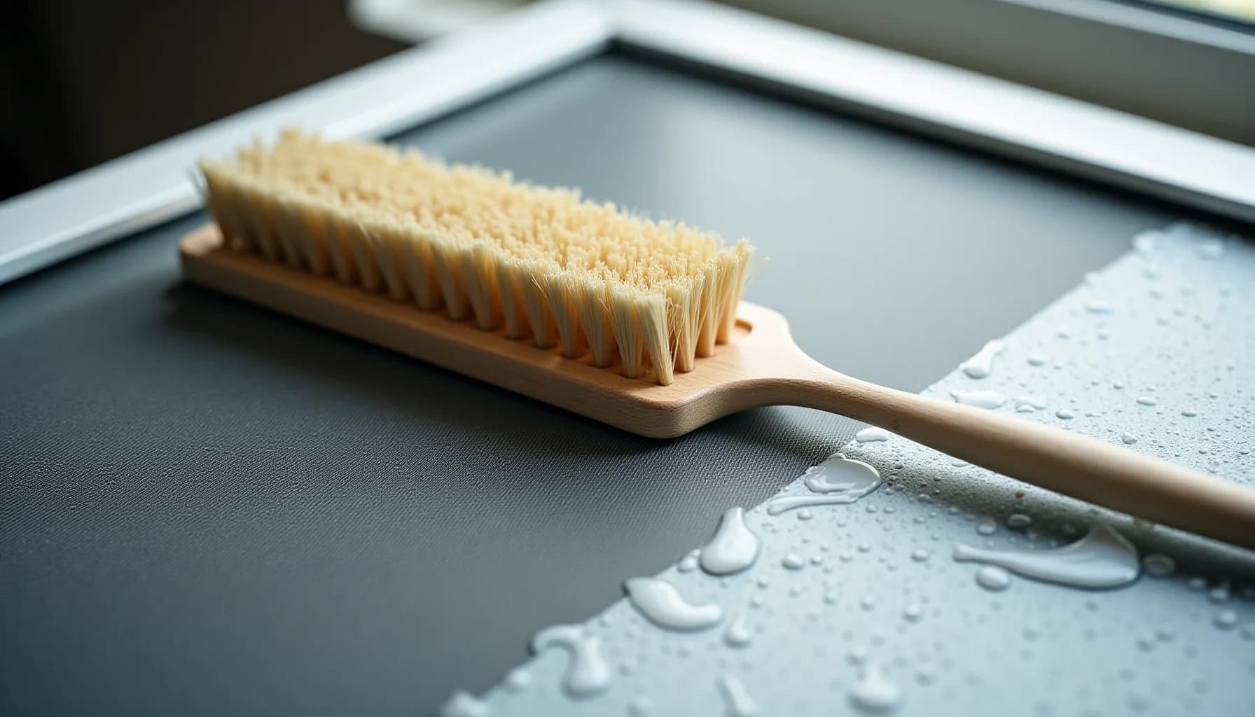 Wooden brush with natural bristles resting on a wet gray surface with water droplets and white frame edge visible