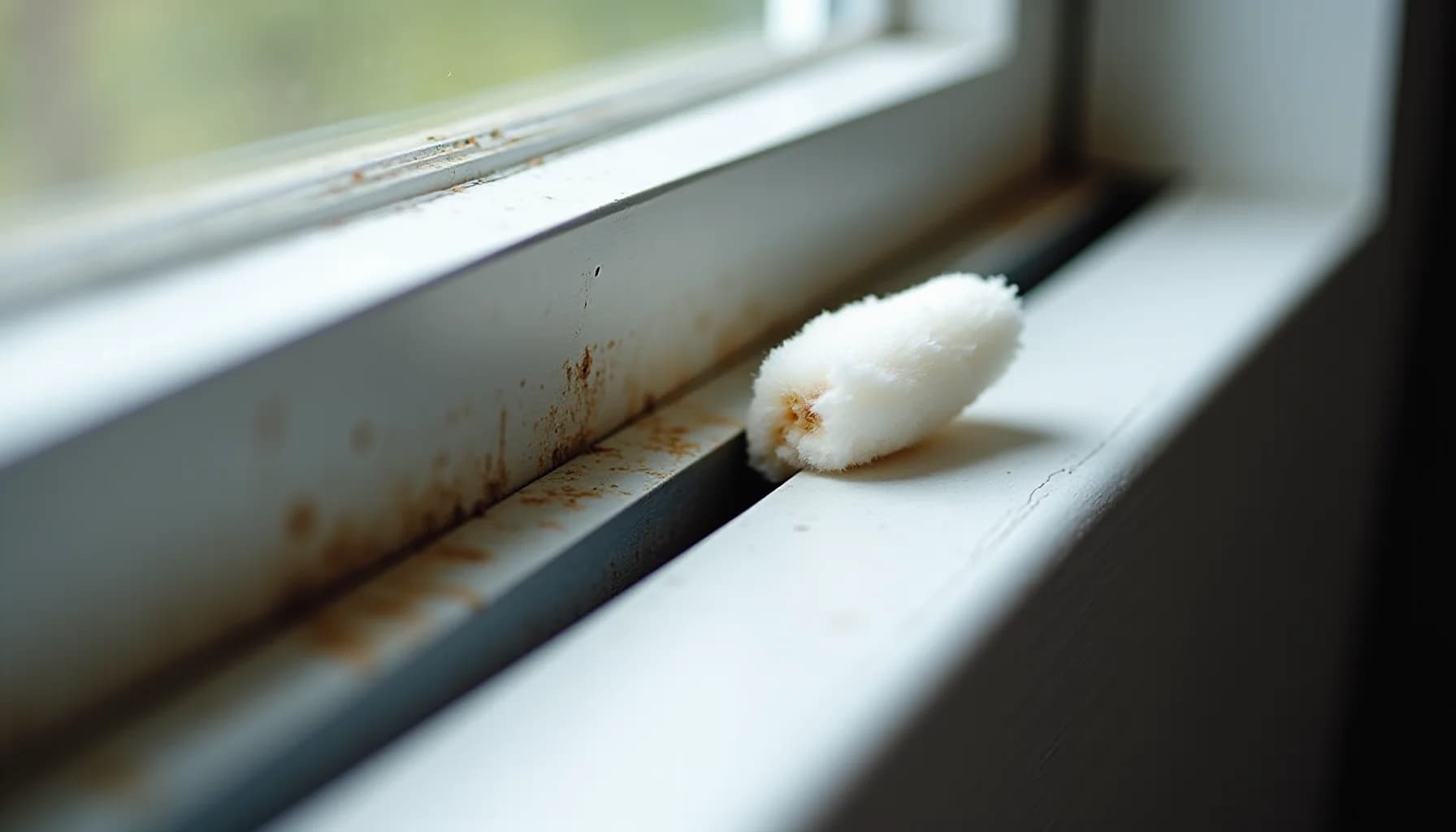 a white window frame track with dust and debris, a white cleaning brush with bristles resting on the sill