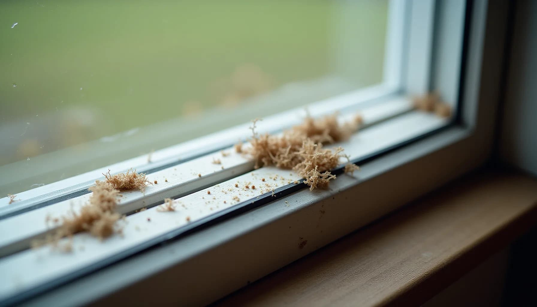a white window frame track with accumulated dust, dirt, and dried plant matter on the sill and grooves