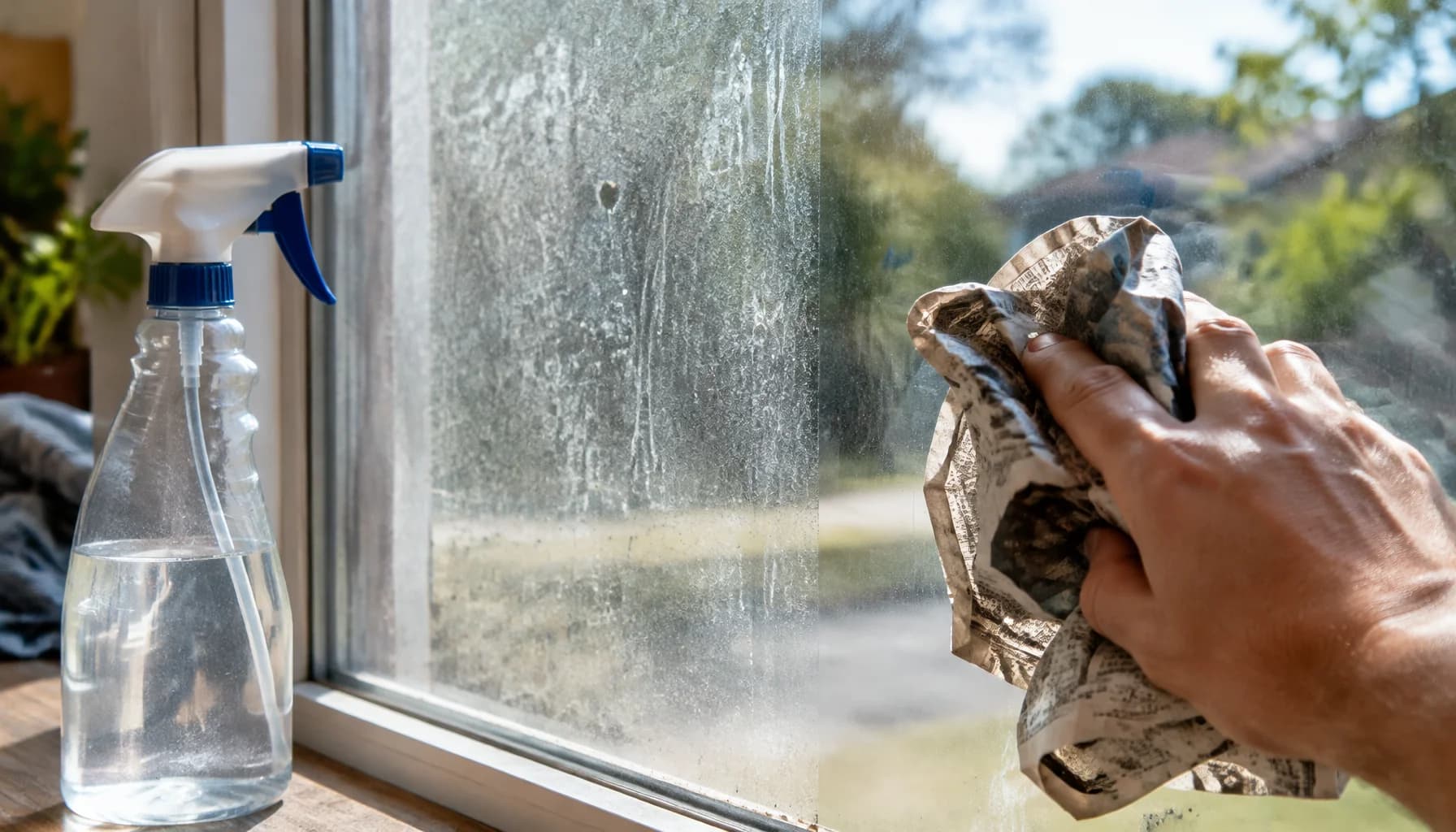 A spray bottle and crumpled newspaper rest against a window, one half gleaming clean and the other still hazy