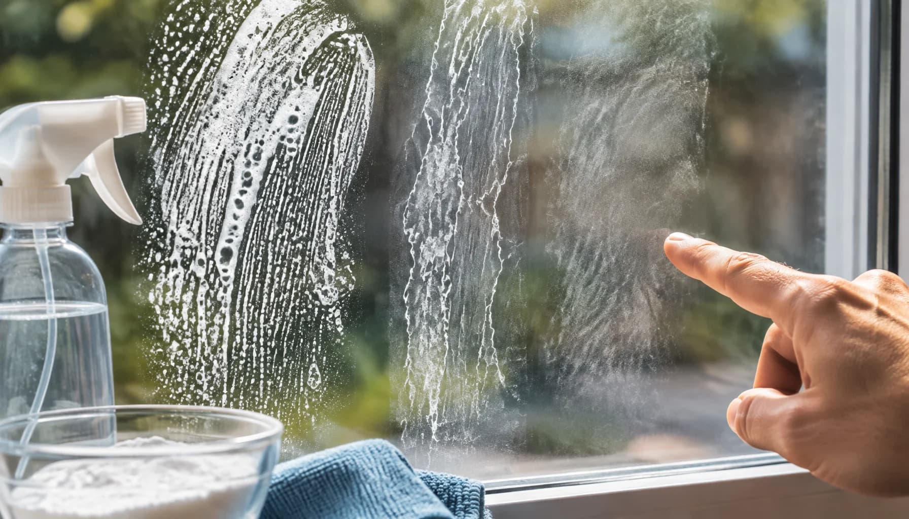 Sunlit window glass showing three distinct streaks of soap film, mineral deposit, and dust smear side by side