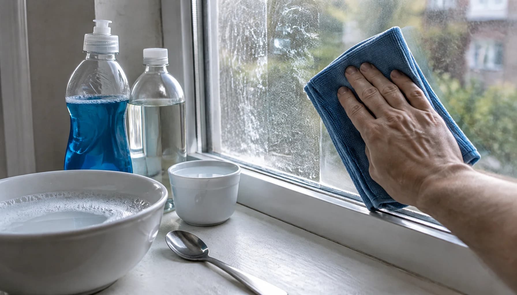 A man's hand wipes a window pane with a cloth, leaving one half clear and one half streaked