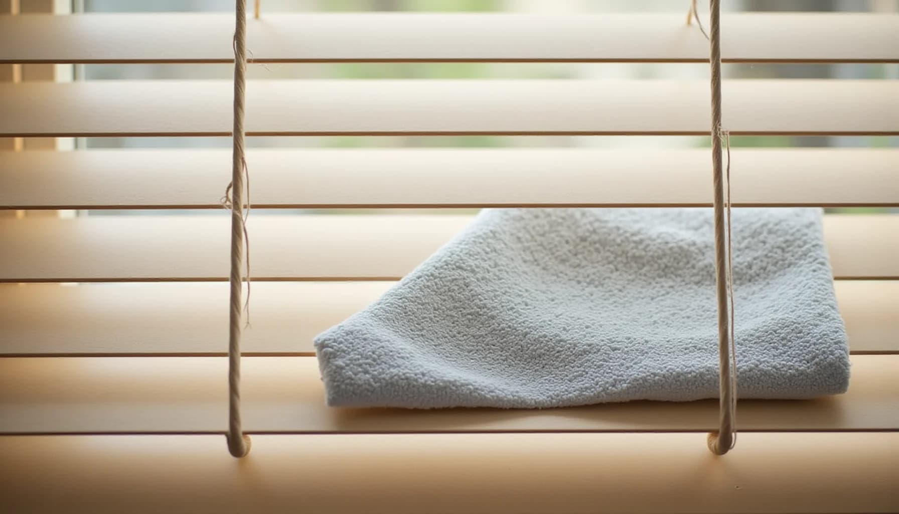 Folded grey towel resting on a wooden windowsill with horizontal blind slats and rope pulls on either side