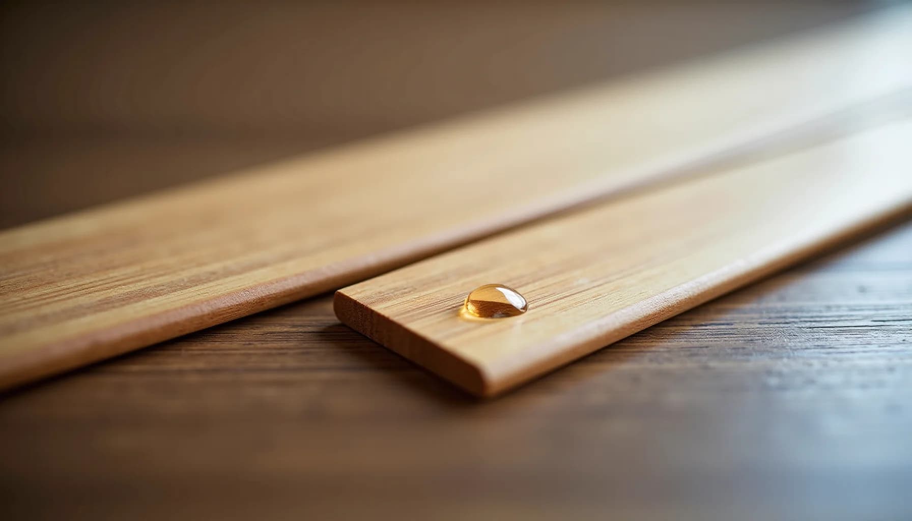 A golden water droplet rests on a light wooden slat, with additional wooden strips visible on a dark surface