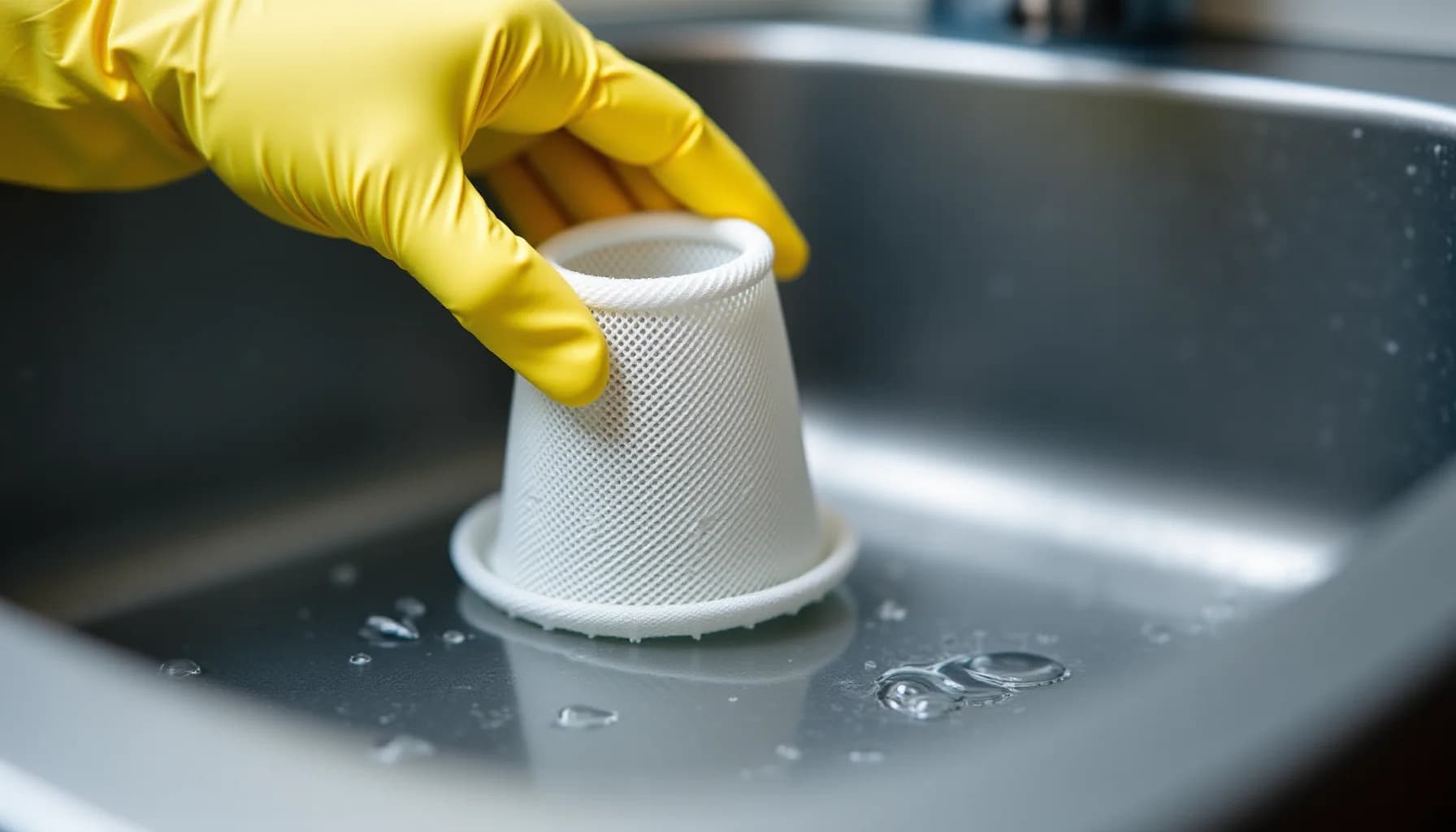 Gloved hand holding a white mesh strainer over a gray sink basin with water droplets visible