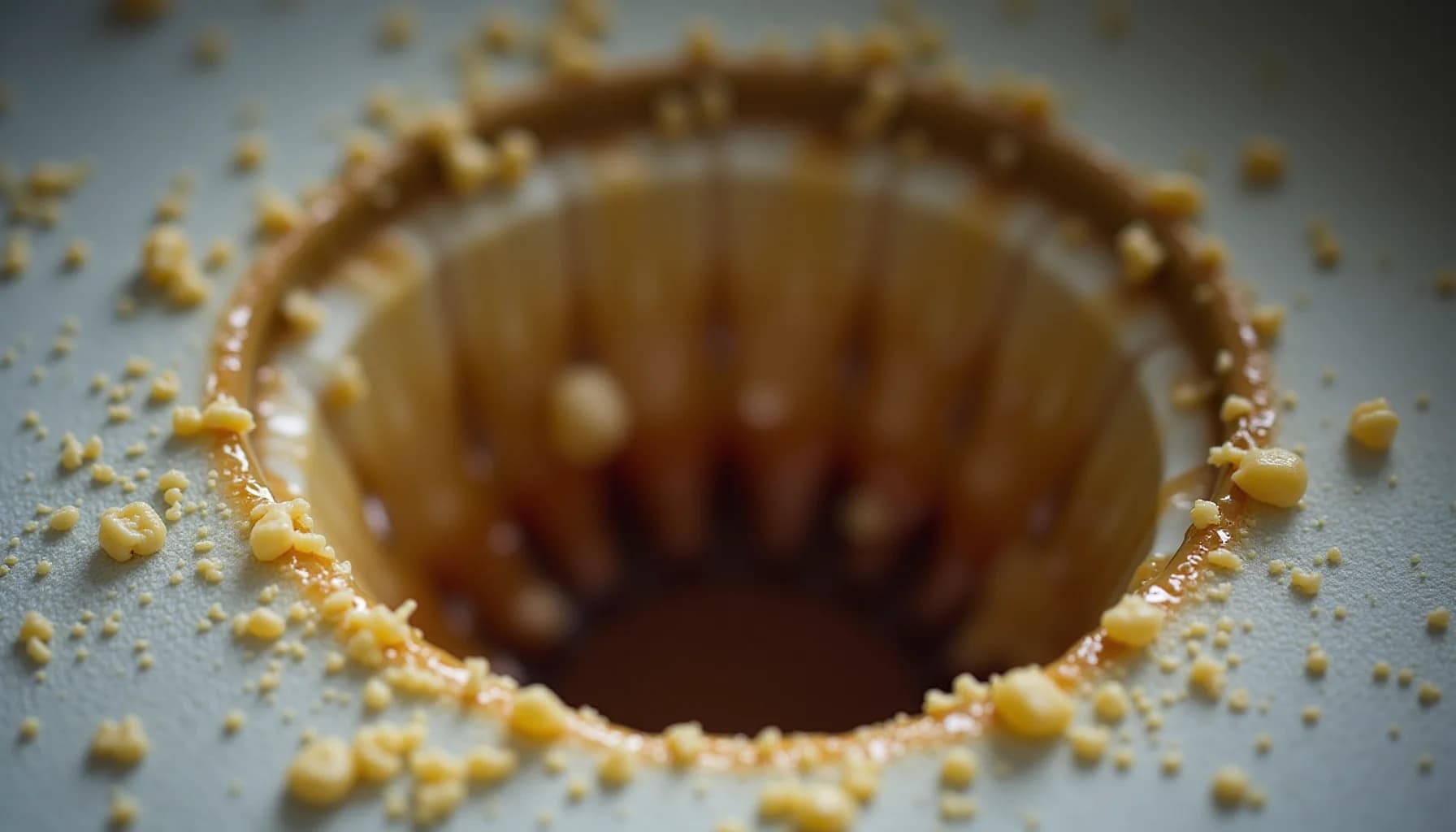 Golden-brown pastry or baked item topped with sesame seeds, surrounded by scattered seed crumbles on a gray surface