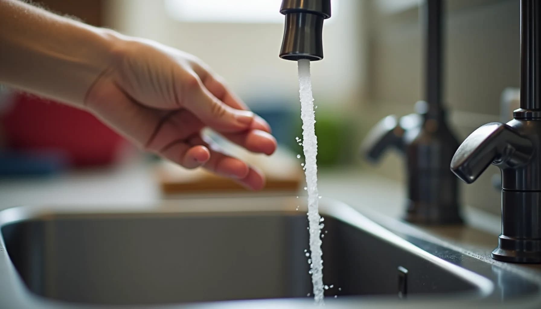 Hand positioned under flowing water from a black kitchen faucet into a stainless steel sink basin