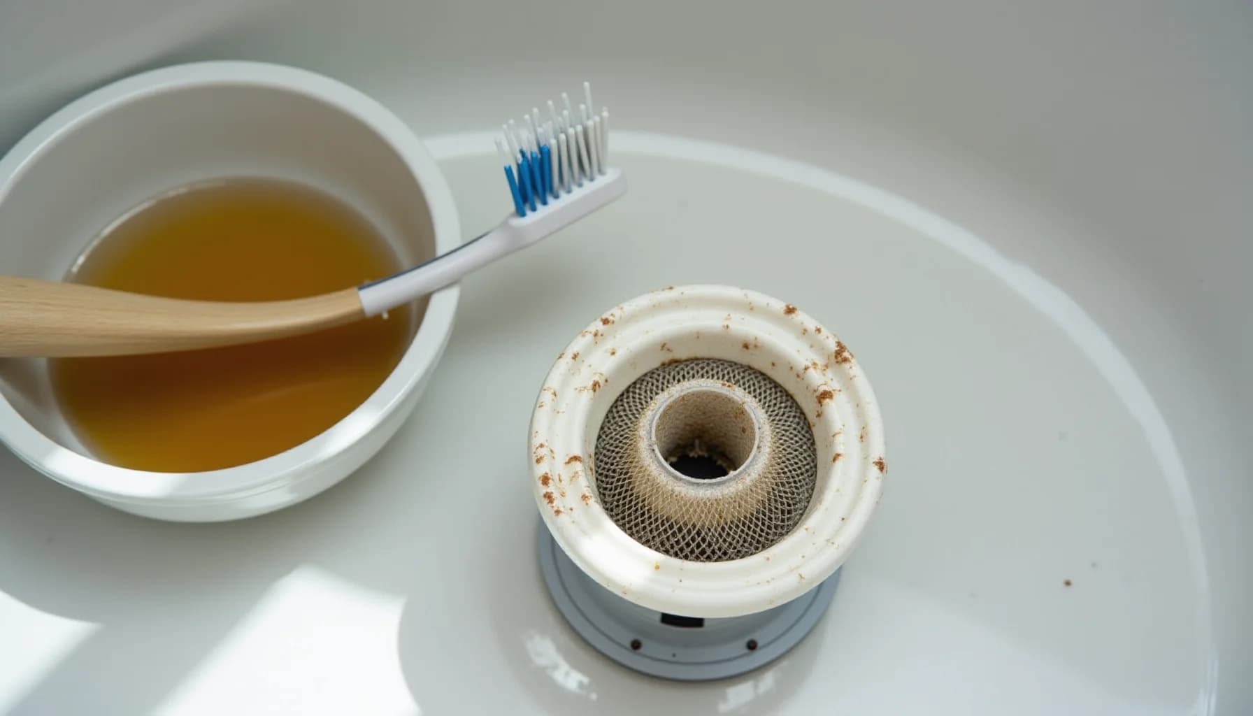 White bowl with yellow liquid and wooden spoon, toothbrush with blue bristles, and a white dishwasher spray arm with