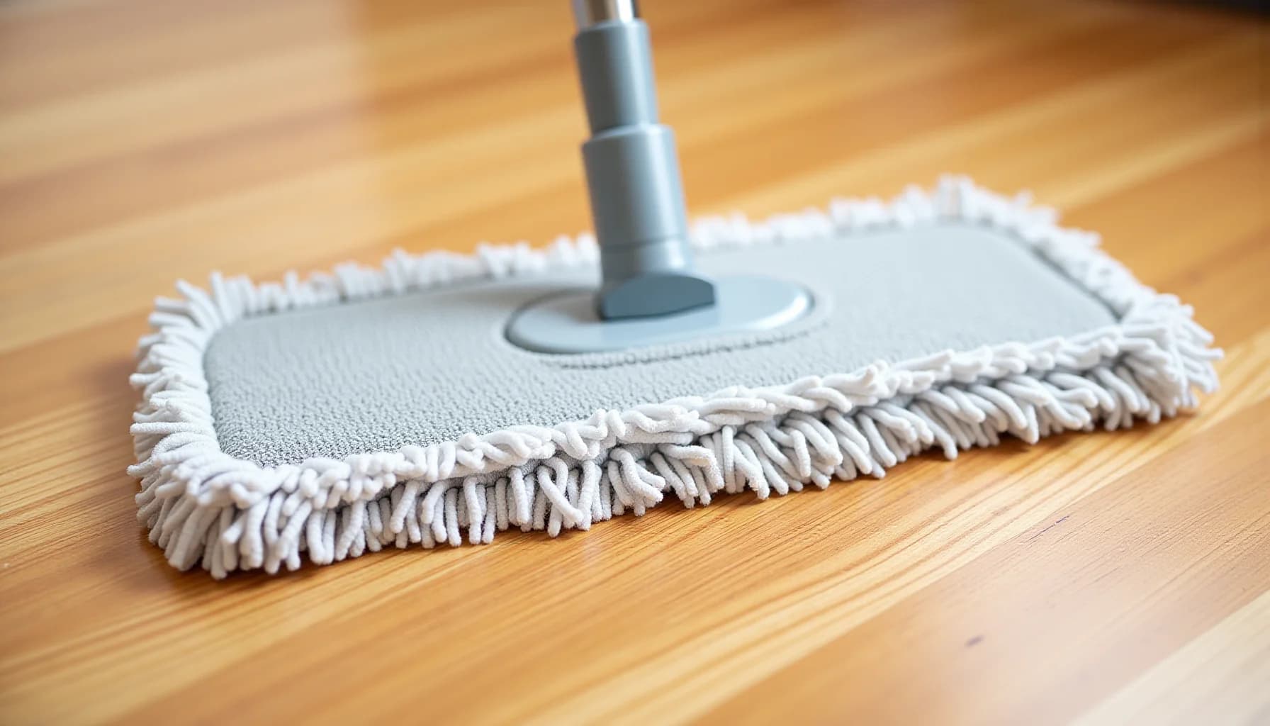 Gray microfiber mop head with white fringe border on a light wooden floor