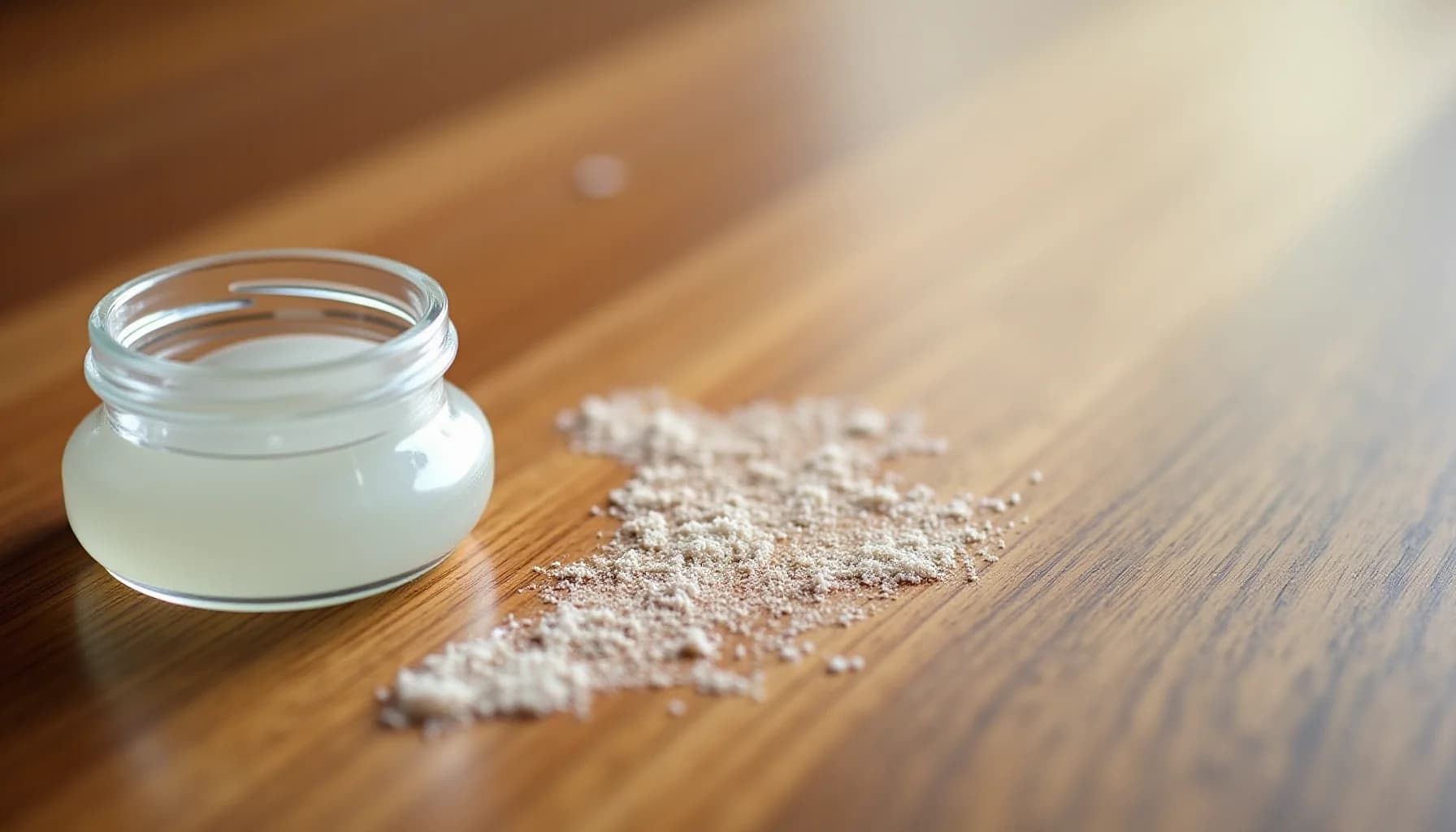 Clear glass jar filled with translucent gel and a mound of fine granular powder on light wooden flooring
