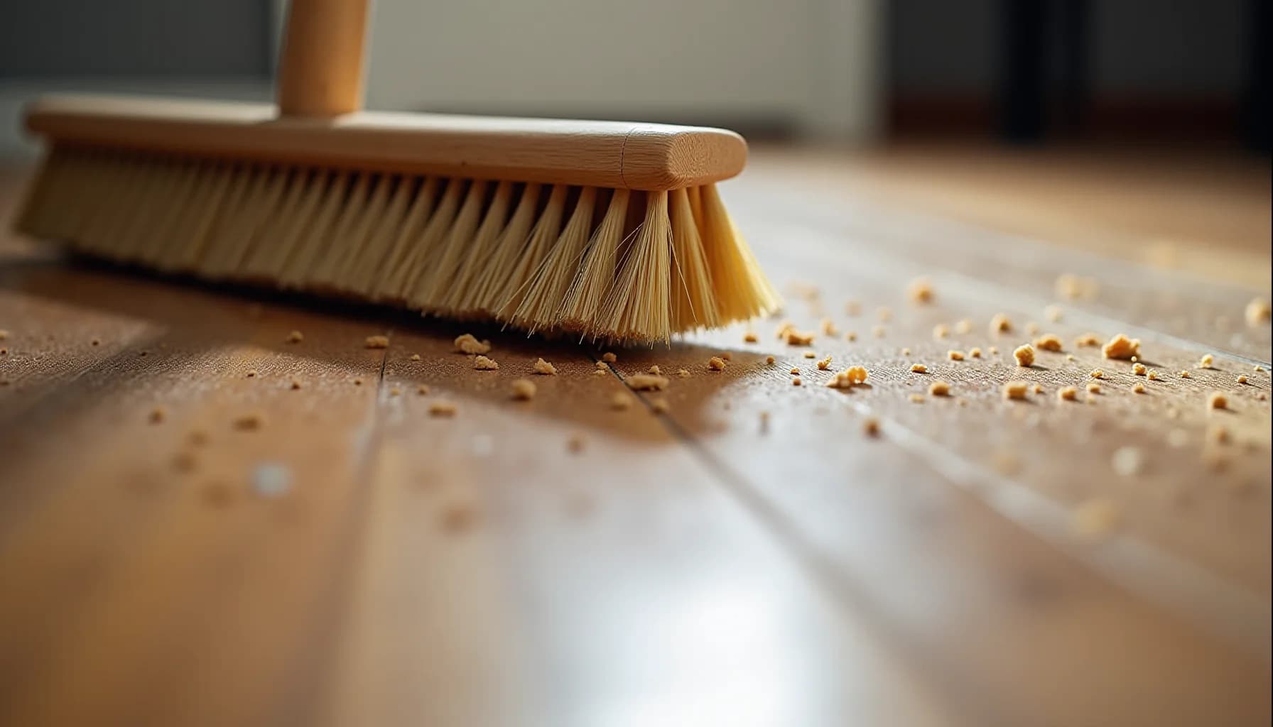 Wooden-handled brush with natural bristles sweeping crumbs and dust from a light wood floor, with blurred background