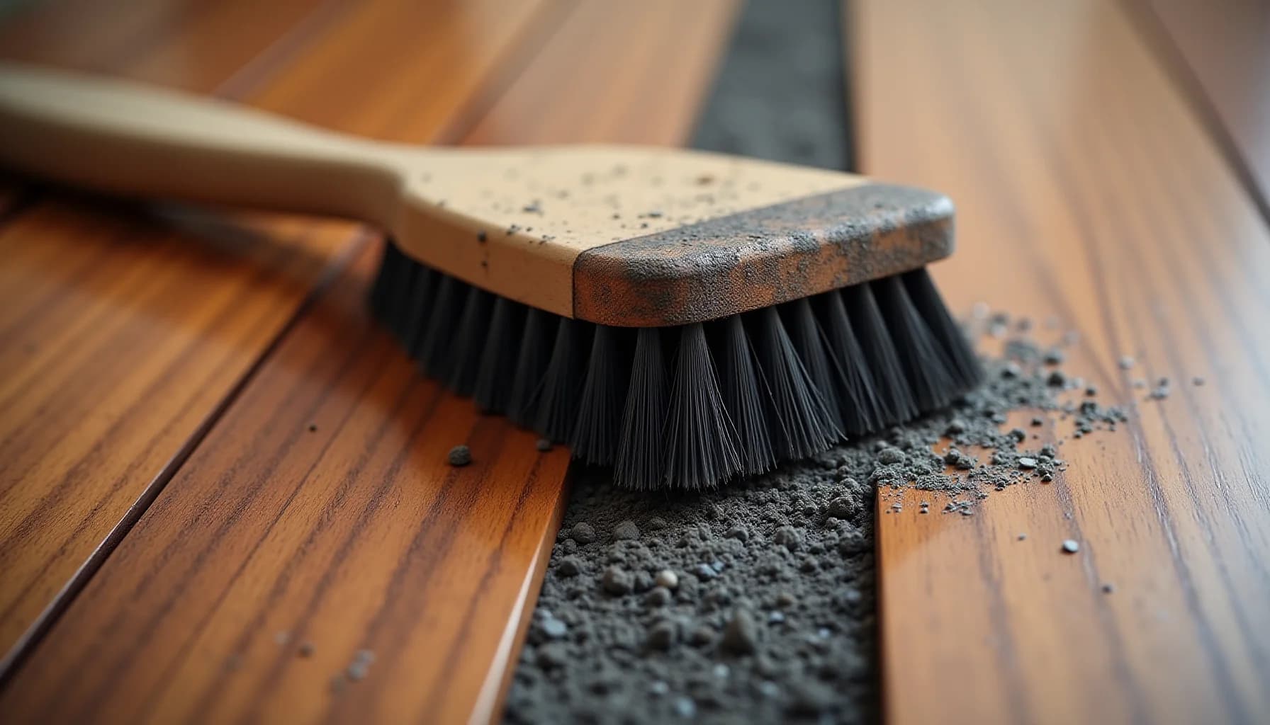 A wooden-handled brush with black bristles sweeping gray dust and debris from a wooden floor surface