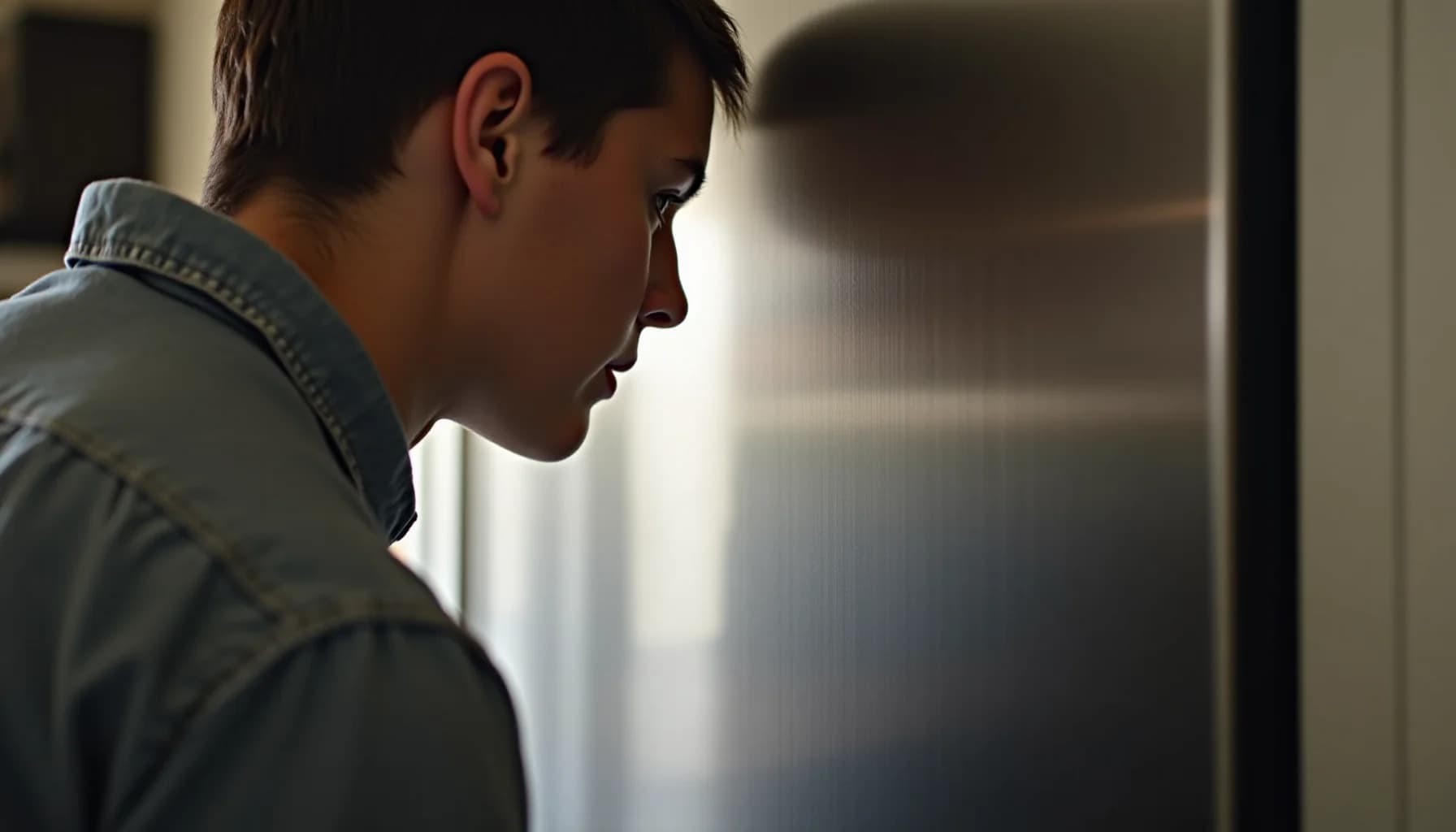 Person in denim shirt and glasses shown in profile, facing a bright reflective stainless steel or metallic surface
