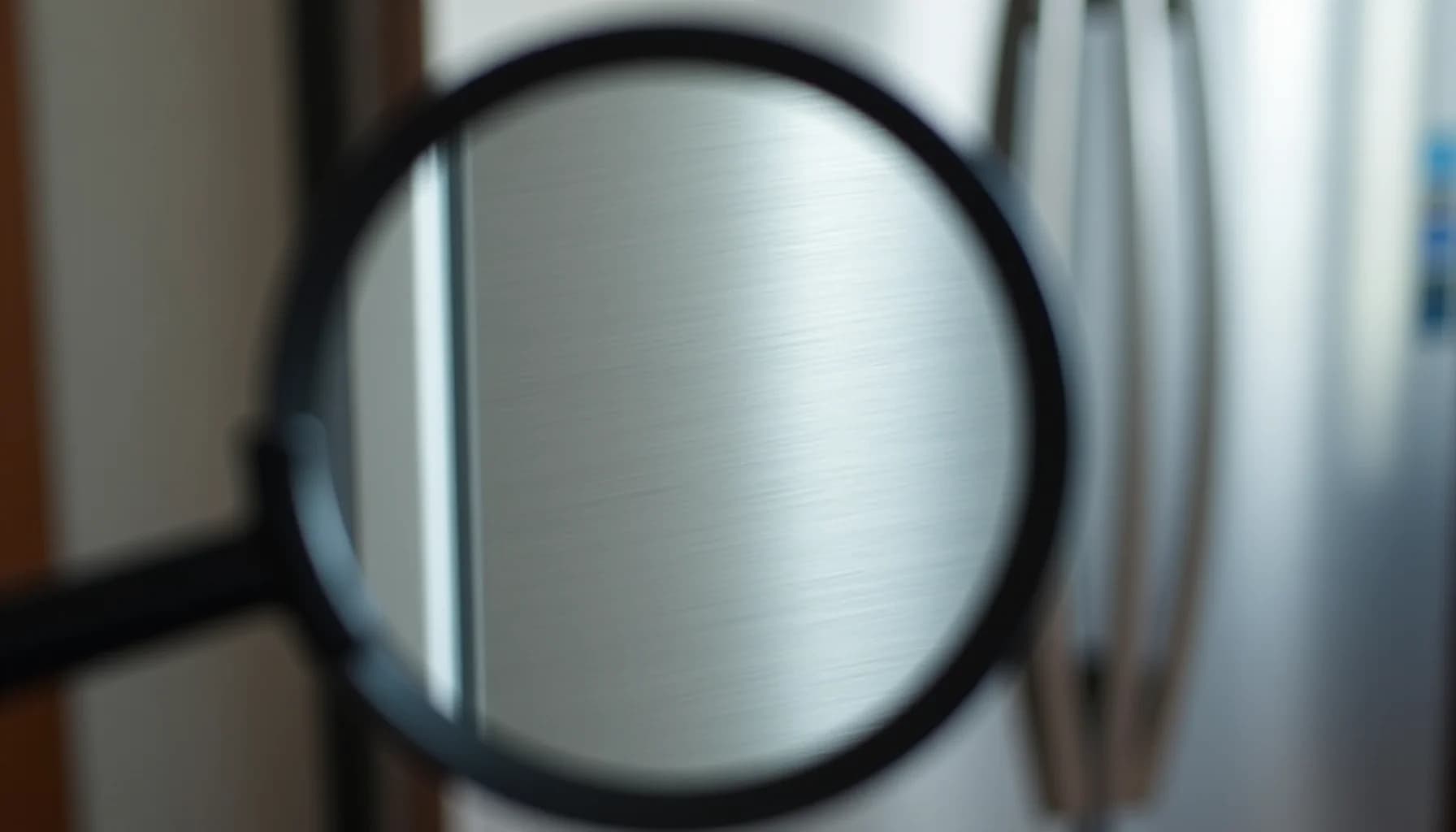 Magnifying glass held over a brushed stainless steel surface showing linear grain patterns and reflections
