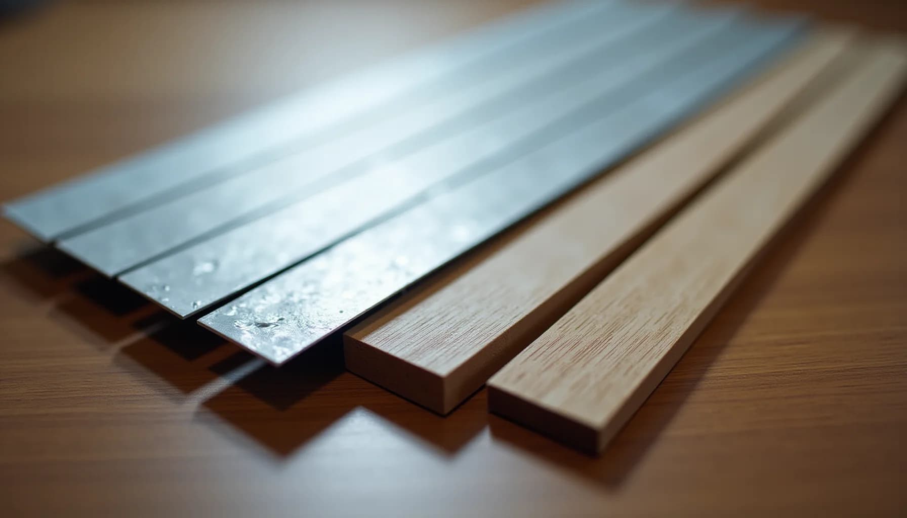 Rows of flooring and blind material samples in blue, white, light wood, and natural wood tones arranged diagonally on a