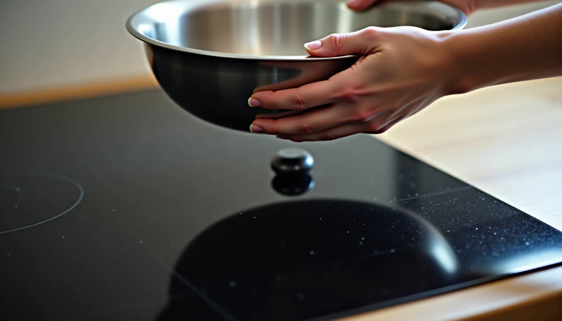 Two hands holding a stainless steel bowl above a black induction cooktop surface in a kitchen setting