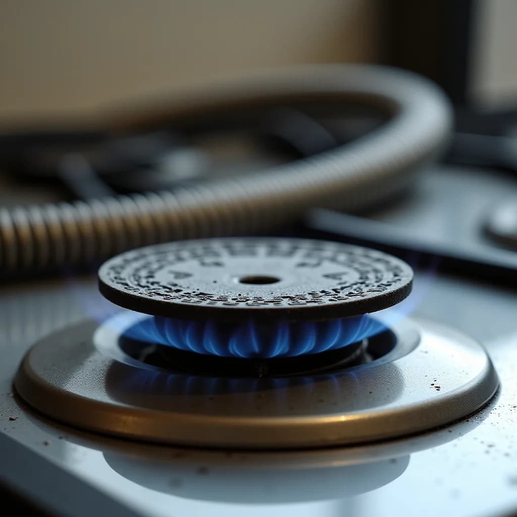 a gas stove burner with blue flame lit, metal grate, control knob, and hose visible in background
